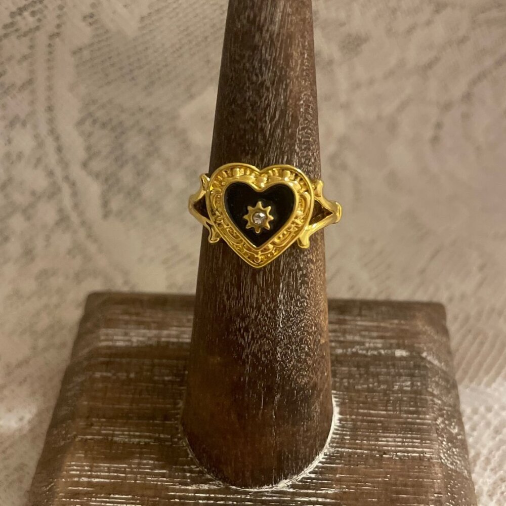 Vintage-Style Black Enamel Heart Ring with Star Crystal Size 6